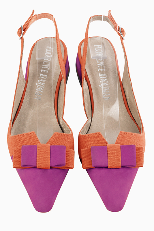 Shocking pink and clementine orange women's open back shoes, with a knot. Tapered toe. Flat block heels. Top view - Florence KOOIJMAN